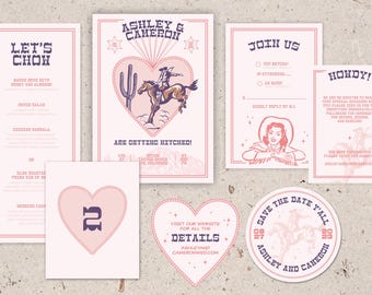 Printable Western Wedding Invitation Suite, Retro Cowboy Theme, Customizable, Unique Country Rodeo RSVP & Details, Quirky, Vintage, Dessert