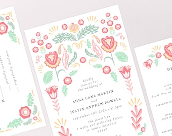 Printed Coral Mint Folk Flower Wedding Invitation Suite, Coral Mint Floral, Summer Wedding, Swedish Scandinavian, Spring, Save the Date RSVP