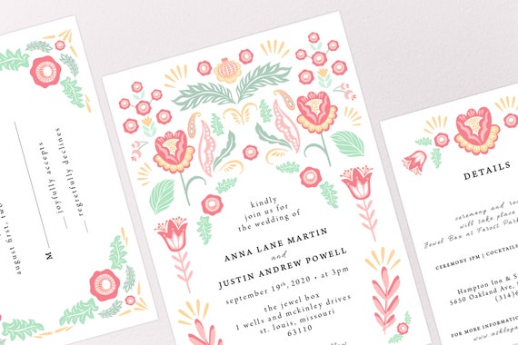 Printed Coral Mint Folk Flower Wedding Invitation Suite Coral - Etsy