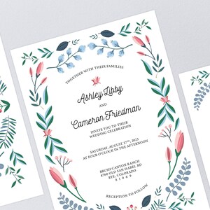 Printed Pink and Blue Floral Wedding Invitation Suite, Flower Invites, Garden Wedding, Summer Wedding, Spring Wedding, Save the Date, RSVP