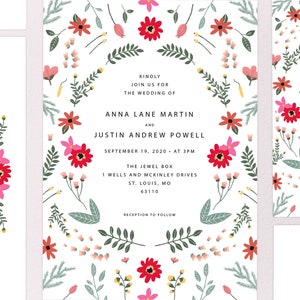 Printed Wild Flower Wedding Invitations, Red Pink Floral Wedding Invites, Garden Wedding, Summer Wedding, Spring Wedding, RSVP detail card