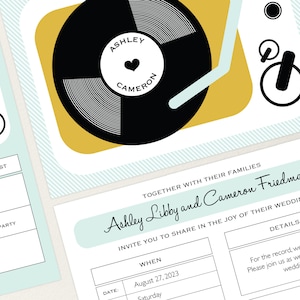 Printed Record Player Wedding Invitation, Retro Wedding Invitations, Indie wedding invite, Retro Music Theme, Vinyl Record Player Invitation