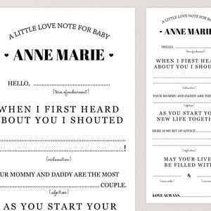 May include: A black and white printable love note for a baby girl named Anne Marie. The note includes fill-in-the-blanks for terms of endearment, exclamations, and adjectives.