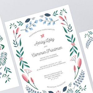 Printable Pink and Blue Floral Wedding Invitation Suite, Flower Invites, Garden Wedding, Digital Download, Summer Wedding, Spring Wedding