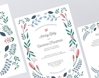 Printable Pink and Blue Floral Wedding Invitation Suite, Flower Invites, Garden Wedding, Digital Download, Summer Wedding, Spring Wedding