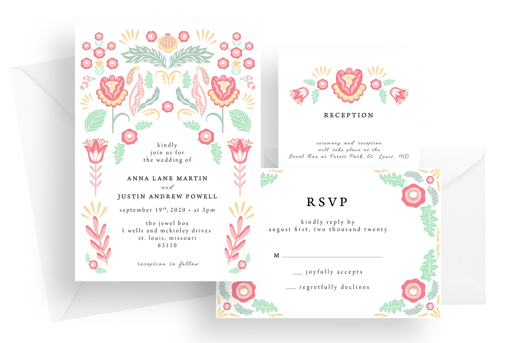 Printed coral mint folk flower wedding invitations coral and | Etsy
