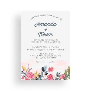 Printable floral wedding invitation, floral wedding invitations, floral wedding invite, floral wedding invites, blue and pink floral invite