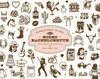 100+ Rodeo Bachelorette Clipart Bundle – Retro Cowgirl SVG PNG EPS, Western Wedding, Bridal Party, Disco Cowgirl Art, Hen Do, Illustrations