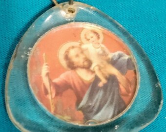 Jesus and St. Joseph Vintage 1960s Heavy Lucite Keyring Accessory