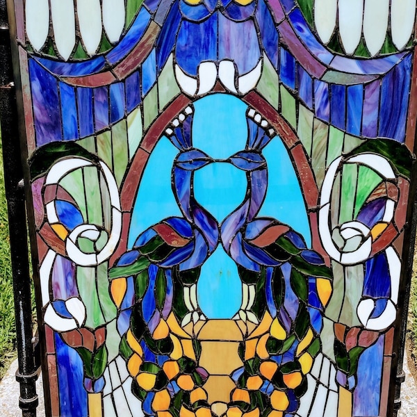 Peacocks in Love Extraordinary Vintage Custom Door/Window Insert!  300-pc Stained Glass  Unique Heart Embrace  Metal Frame W/ Hangers