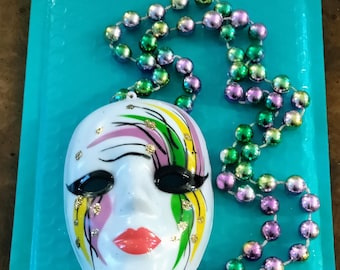 New Handcrafted Harlequin Decorative Art to Wear or Display includes Mardi Gras Colored Metallic Beads--Easy to Show