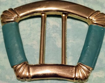 Belt Buckle  Bright Brass With Medium Green Trim by Leather Shop '87