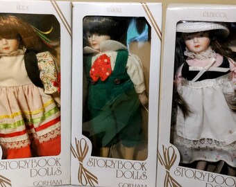Gorham Storybook Dolls &quot;Rebecca&quot; &quot;Hansel&quot; and &quot;Heidi&quot; Hand-painted and Porcelain. NRFB Vintage 1984