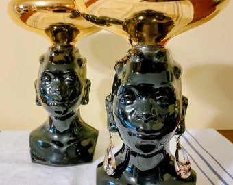 MCM Blackamoor Pair of Vintage Africana  Stunningly Beautiful  Large Ebony Glass with 18 kt Gold Finish Head Vase