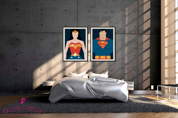 Wonder Woman Superman Poster Super Hero Dc Comics Wall Art Above Bed Decor Home Decor Bedroom Decor Couple Wall Art