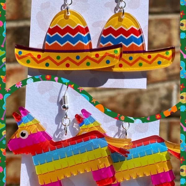Acrylic Fiesta Cinco de Mayo Sombrero Piñata Earring Set