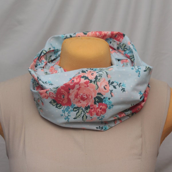 Rose Infinity Scarf -- Pastel Rose Floral with Polka Dots Scarf with Hidden Pocket