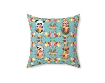 Spun Polyester Square Pillow, Baby Hedgehog, Baby Panda, Baby Sloth, Baby Llama, Pillow, throw pillow, decor pillow, home decor pillow