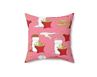 Spun Polyester Square Pillow, French Fries on pink, Pink Smoothie, Chocolate Smoothie,  throw pillow, decor pillow, home decor pillow