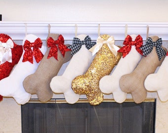 BIG Christmas Dog Stockings CUSTOMIZED Fabric and Bow selection + Sequins!  Birthday Decoration/Pet Stocking /Dog Bone.