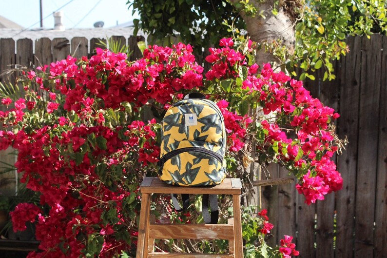 Trotter Mini Backpack in Gold Tropics Print Handcrafted in USA. School Backpack Festival Bag Travel Bag Beach Bag