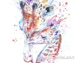 Watercolour Giraffe  Print, Giraffe Wall Art, Giraffe Gift, Giraffe Illustration, Mother&#39;s day gift, Giraffe Poster, Giraffe Painting