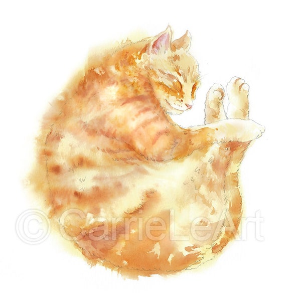 Akvarelltryck med orange katt, målning med orange tabby, tryck med ingefära-tabby katt, väggdekor med sovande katt, katttryck, kattpresent, väggkonst med katt