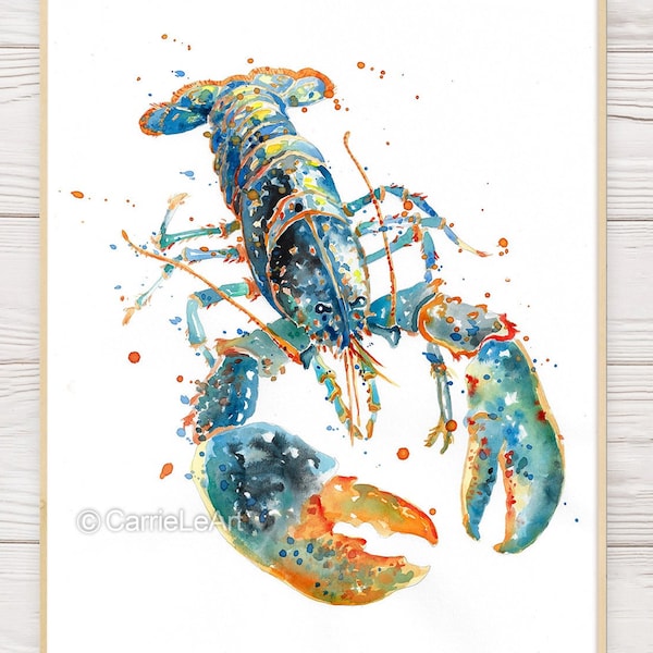 Blue Lobster Watercolor Print, Lobster Print, Lobster Wall Art, Lobster Painting, Sea Creature Print, Coastal bathroom wall art, Sealife art