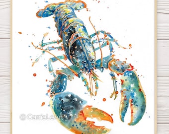 Blue Lobster Watercolor Print, Lobster Print, Lobster Wall Art, Lobster Painting, Sea Creature Print, Coastal bathroom wall art, Sealife art