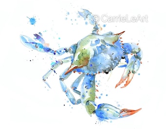 Blue Crab Wall Art, Blue Crab Print, Nautical Art Print, Seaside Illustration, Crab Watercolor Print, Sea Creature Print