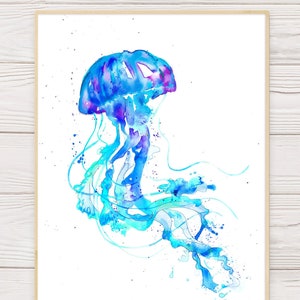 Blue Jellyfish Art Print, Ocean Art, Under the Sea Prints, Jellyfish Decor, Sea Life Wall Art, Coastal Art, Blue Jellyfish, Nautical Print