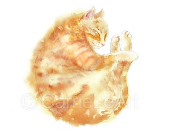 Orange Cat Watercolor Print, Orange Tabby Painting, Ginger Tabby Cat Print, Sleeping Cat Wall Decor, Cat Print, Cat gift, Cat Wall Art