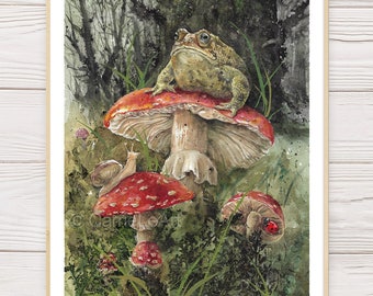 Watercolour Toad and Mushrooms print, Swamp painting, Toad Snail and Ladybug print, Toadstool Frog and Mushroom Illustration, Frog wall art