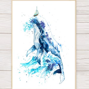Impresión de ballena azul, impresión de acuarela de ballenas y grandes olas, arte oceánico de ballenas, póster del océano, impresión de olas grandes, póster náutico, arte de pared oceánica