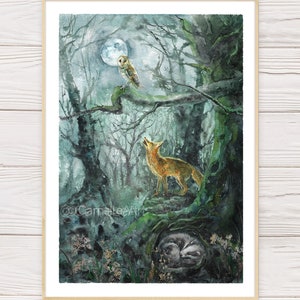 May include: Watercolor print of a moonlit forest scene. An owl perches on a branch, a fox howls at the moon, and a sleeping animal rests in a hollow. The artwork is framed in a light wood frame.