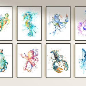 Nautical art print set of 8, Coastal wall art, Whale, Sea turtle, Octopus, Oyster, Sea horse, Blue crab, Lobster, Marine print, Sea life art