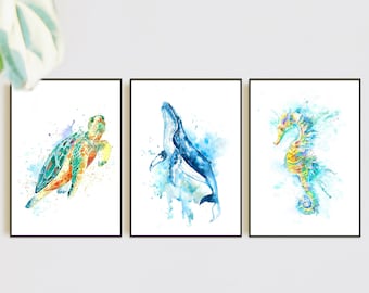 Juego de 3 calcomanías de pared "Bajo el mar", juego de 3 arte mural de animales del océano, tortuga marina, caballito de mar, ballena jorobada, arte mural de vida marina en acuarela