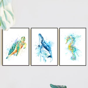 Under the Sea Wall Decal set of 3, Ocean Animals Wall Art set of 3, Sea turtle, Sea Horse, Humpback Whale, Watercolour Sea Life Wall Art