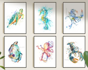 Juego de 6 impresiones de arte náutico, arte de pared costera, tortuga marina, pulpo, ostra, caballito de mar, cangrejo azul, langosta, impresiones marinas, arte de la vida marina