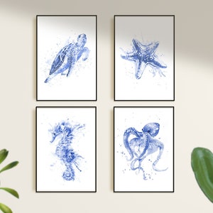 Sea life prints set of 4. Navy blue coastal wall art. Watercolor seashells, octopus, seahorse, crab, starfish, turtle, whale, under the sea
