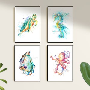 Nautical art print set of 4, Coastal wall art, Coastal wall decor, Sea turtle, Octopus, Oyster,  Sea Horse, Marine Prints, Sea life art