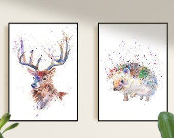Watercolor Set Of Wildlife Animal Print Set of 2, Wildlife Wall Art, Hedgehog and Stag Wall Art, Watercolor Hedgehog & Stag, Personalizable