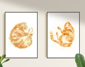 Tabby Cat Set of 2. Cat Print, Cat Decor, Ginger Tabby Cat Print, Orange Tabby Ginger Cat Painting, Home Wall Decor, Sleeping Cat, Cat lover