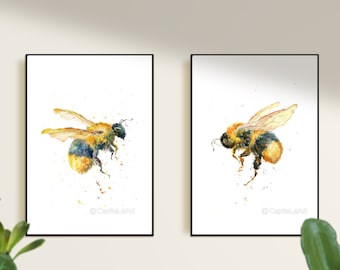 Bumble Bee print Set of 2, Bee prints, Insect prints, Bee watercolor, Bee painting, Bumble Bee gifts, Bee wall art, Bumble Bee decor