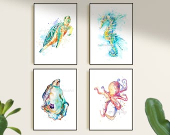 Juego de 4 láminas de arte náutico, arte de pared costero, decoración de pared costera, tortuga marina, pulpo, ostra, caballito de mar, impresiones marinas, arte de vida marina