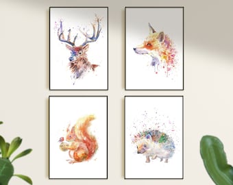 Watercolor Set Of Wildlife Animal Prints, British Wildlife Wall Art set of 4, Woodland Animals, Hedgehog Stag Pheasant Fox Hare Owl Squirrel