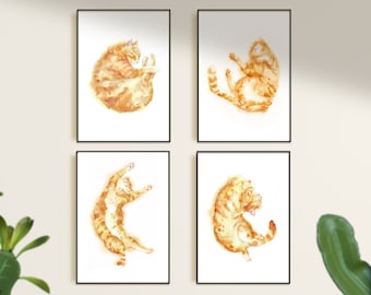 Tabby Cat Set of 4. Cat Print, Sleeping Cat, Cat Decor, Ginger Tabby Cat Print, Orange Tabby Ginger Cat Painting, Home Wall Decor, Cat lover
