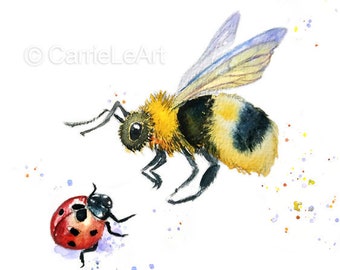 Bumble Bee print, Bee Print, Bee and ladybug, Insect print, Bee Prints, Bee painting, Bumble Bee gifts, Ladybug Print, Ladybird Print