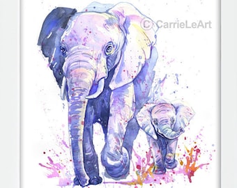 Watercolor Elephant Print, Mother and Baby, Elephant Painting, Elephant Wall Art, Elephant Lover, Elephant Gift, Elephant Nursery