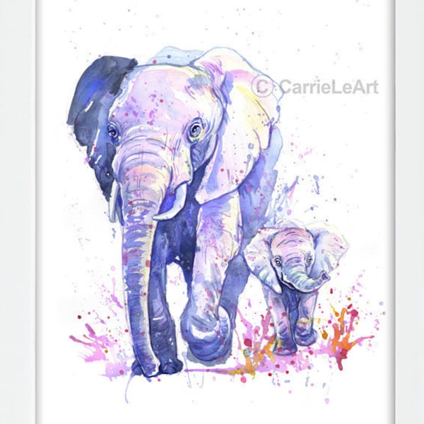 Watercolor Elephant Print, Mother and Baby, Elephant Painting, Elephant Wall Art, Elephant Lover, Elephant Gift, Elephant Nursery